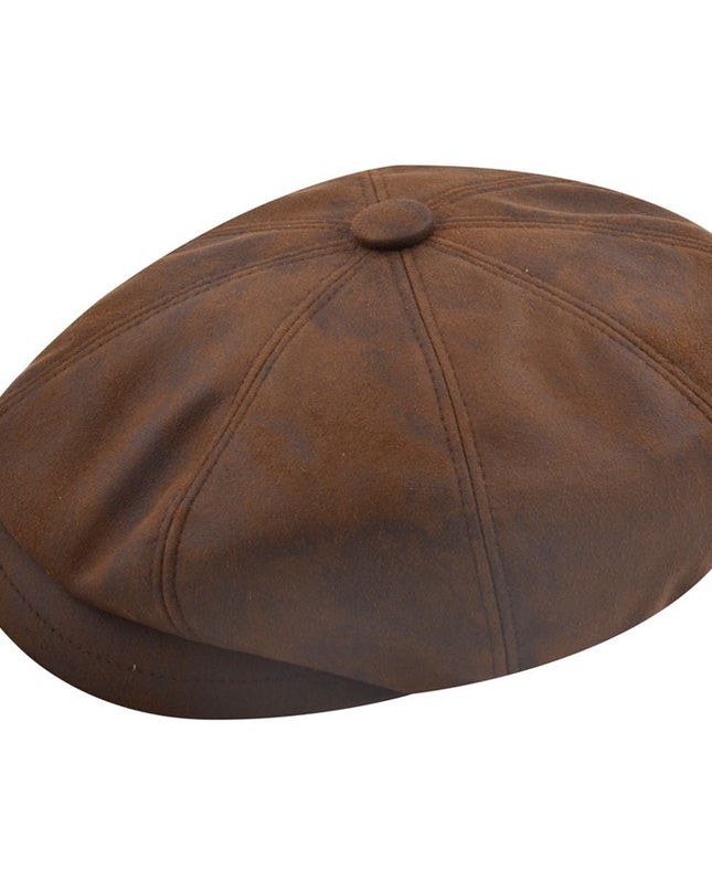 Faux Leather Look Newsboy Cap Classic Button Top 8 Panel