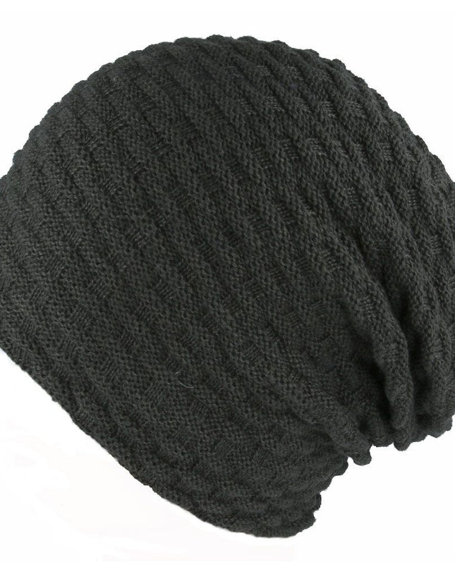 Warm Beanie Hat Knitted With Fur Lining - Long Woolly Hat