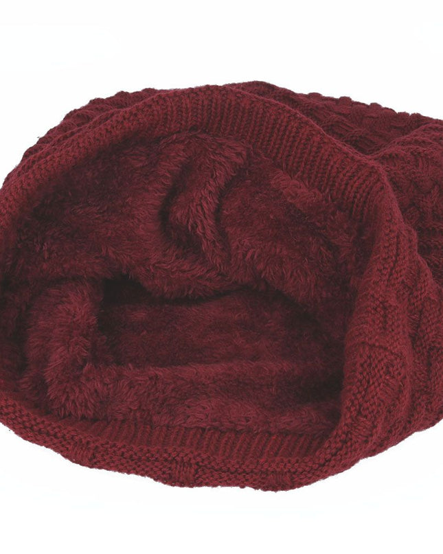 Warm Beanie Hat Knitted With Fur Lining - Long Woolly Hat