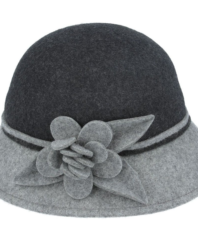 Women Two Tone Floral Cloche Hat Crushable Wool Felt