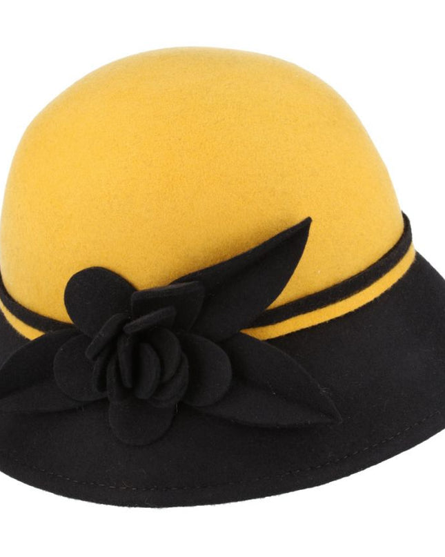 Women Two Tone Floral Cloche Hat Crushable Wool Felt